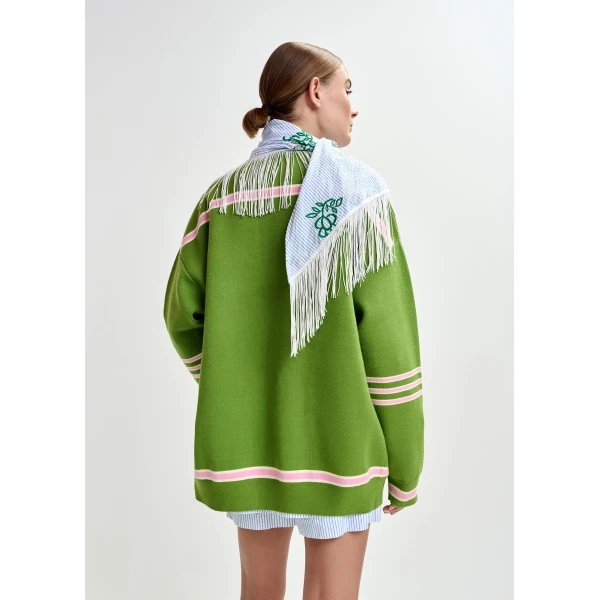 Essentiel Antwerp Green appliquéd cardigan with pink stripes - Essentiel Antwerp Knitwear - Colorful Belgian Design - Shop at Luxury Shoes 