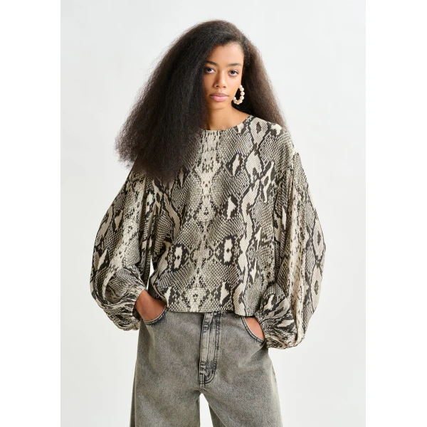 beige and black top with puffed sleeves and snake print - Essentiel Antwerp Tops - Colorful Belgian Design - Shop at Luxury Shoes 