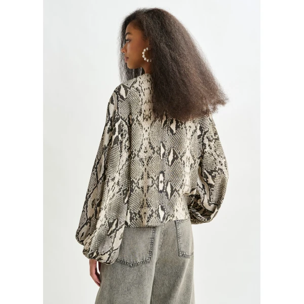 beige and black top with puffed sleeves and snake print - Essentiel Antwerp Tops - Colorful Belgian Design - Shop at Luxury Shoes 