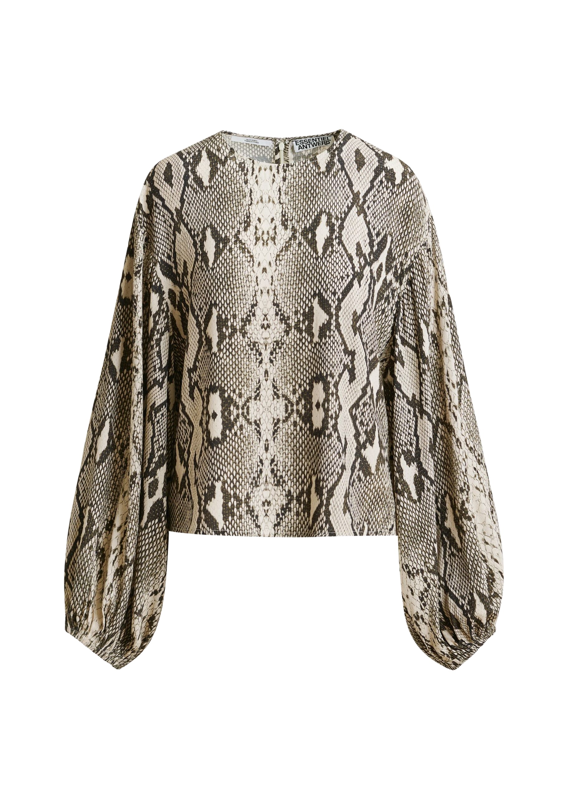 Essentiel Antwerp Green, beige and black top with puffed sleeves and snake print