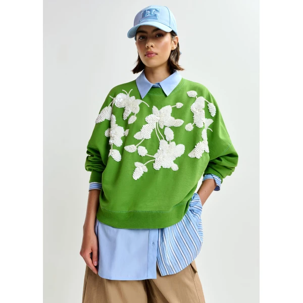 Essentiel Antwerp Green cotton sweatshirt with off-white floral sequin and bead-embellished embroidery - Essentiel Antwerp Shirts - Colorful Belgian Design - Shop at Luxury Shoes 
