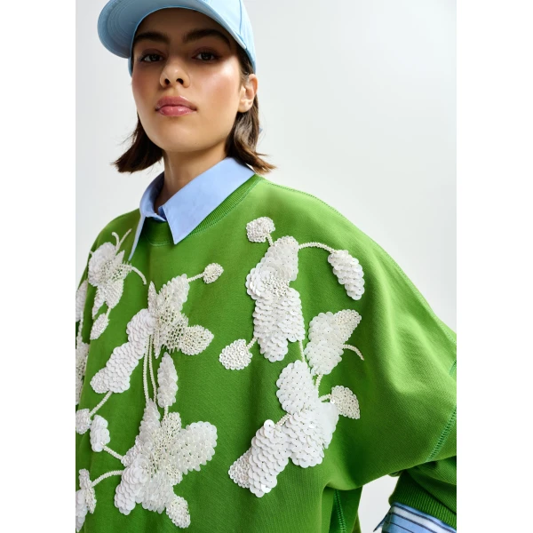 Essentiel Antwerp Green cotton sweatshirt with off-white floral sequin and bead-embellished embroidery - Essentiel Antwerp Shirts - Colorful Belgian Design - Shop at Luxury Shoes 