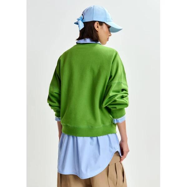 Essentiel Antwerp Green cotton sweatshirt with off-white floral sequin and bead-embellished embroidery - Essentiel Antwerp Shirts - Colorful Belgian Design - Shop at Luxury Shoes 