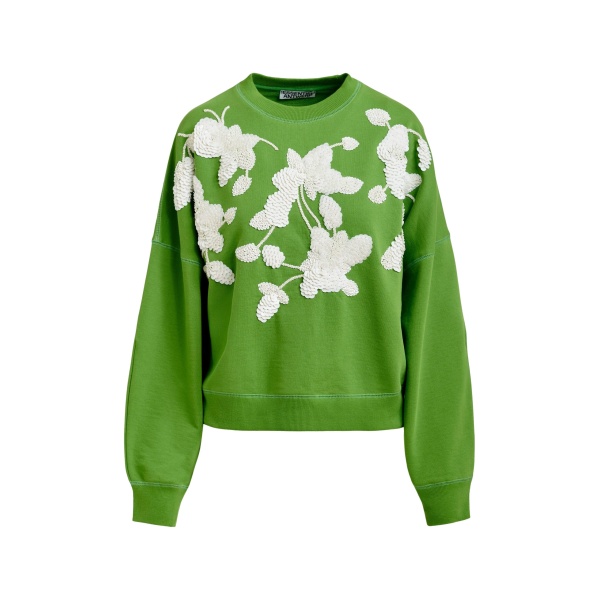 Essentiel Antwerp Green cotton sweatshirt with off-white floral sequin and bead-embellished embroidery - Essentiel Antwerp Shirts - Colorful Belgian Design - Shop at Luxury Shoes 