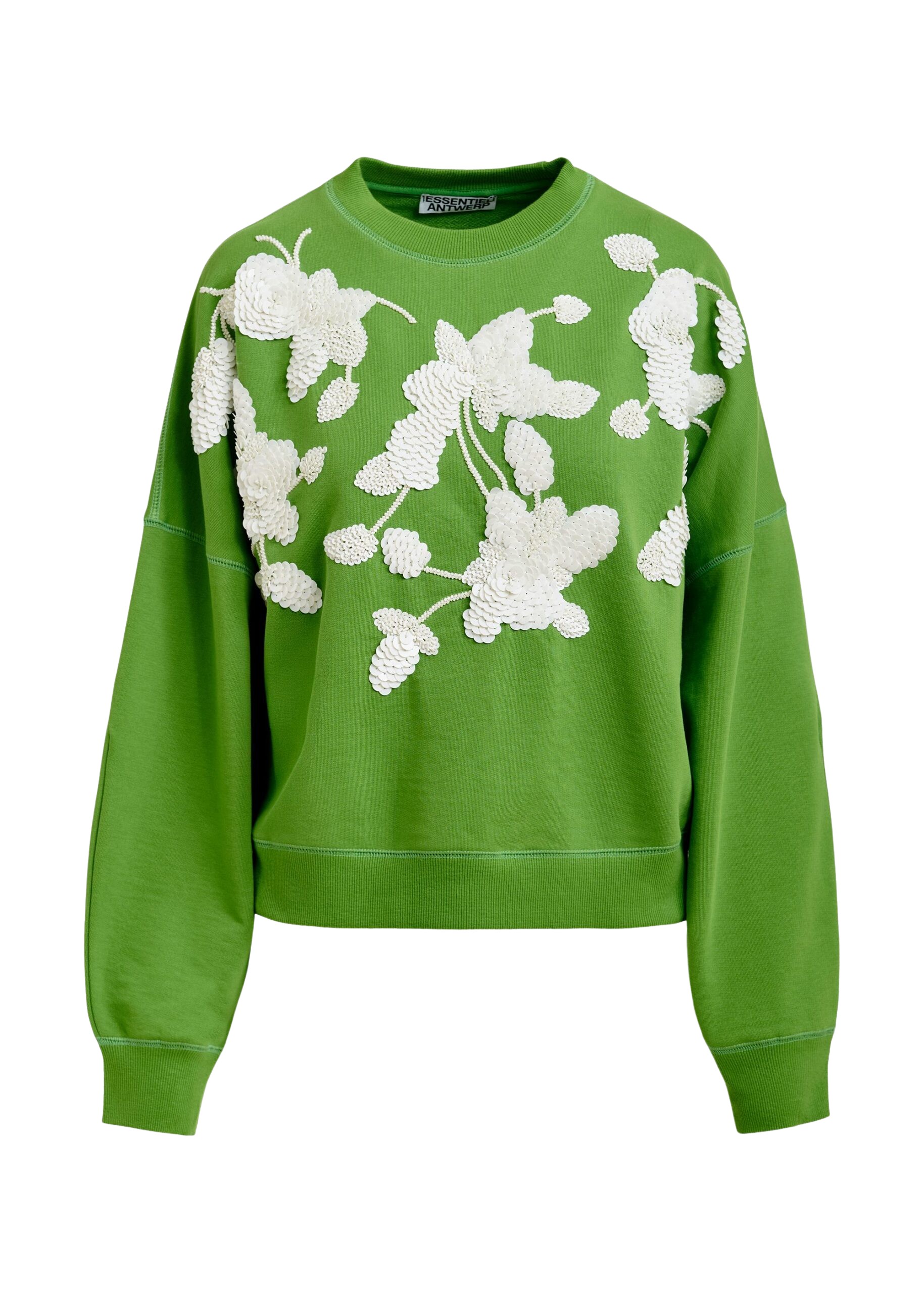 Essentiel Antwerp Green cotton sweatshirt with off-white floral sequin and bead-embellished embroidery Top