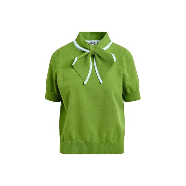 Essentiel Antwerp Green fine-knit polo with light blue scarf-like contrast collar - Essentiel Antwerp Tops - Colorful Belgian Design - Shop at Luxury Shoes 