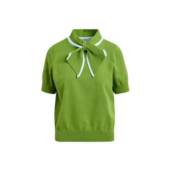 Essentiel Antwerp Green fine-knit polo with light blue scarf-like contrast collar - Essentiel Antwerp Tops - Colorful Belgian Design - Shop at Luxury Shoes 