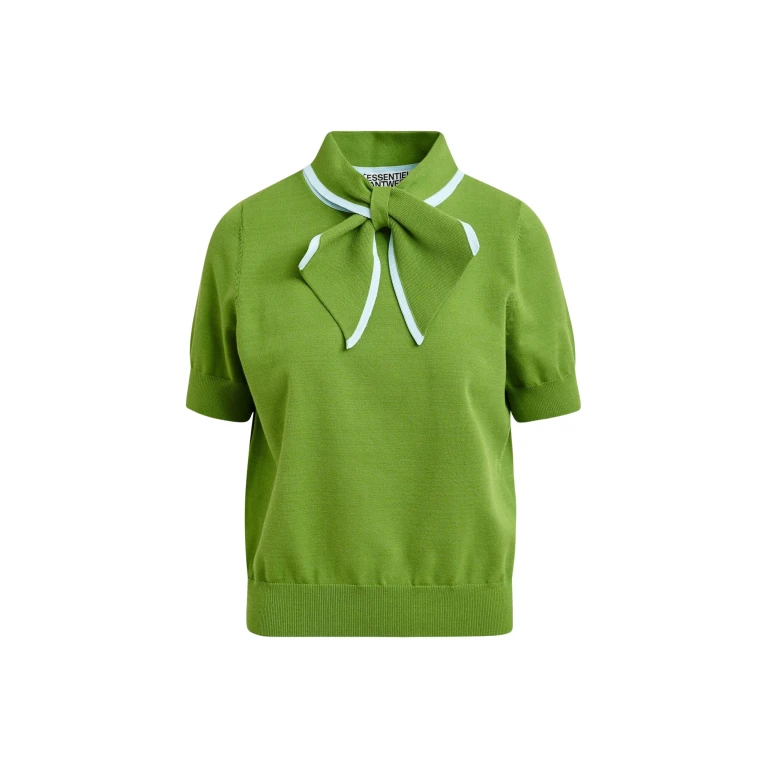 Essentiel Antwerp Green fine-knit polo with light blue scarf-like contrast collar - Essentiel Antwerp Tops - Colorful Belgian Design - Shop at Luxury Shoes 