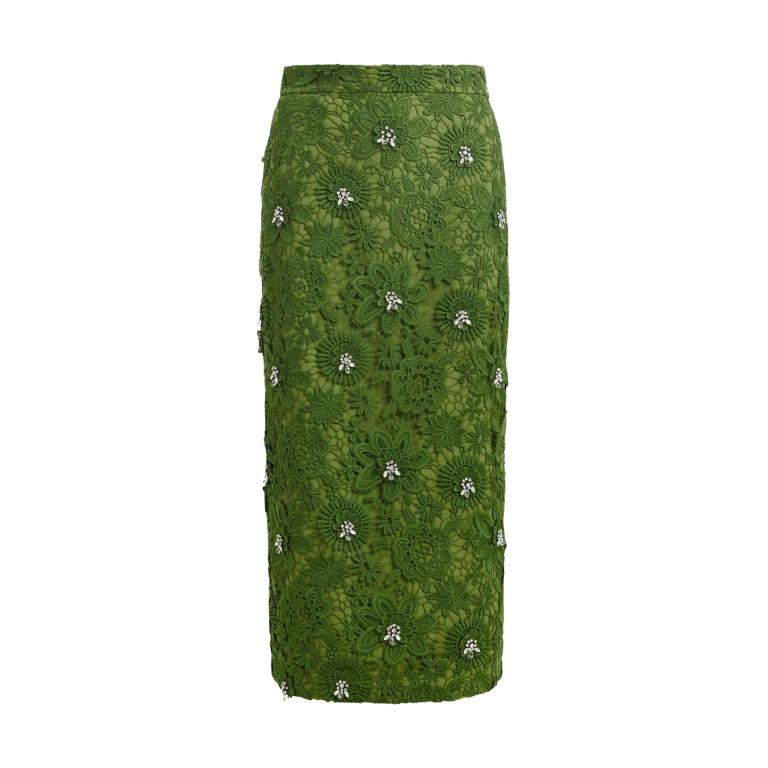 Essentiel Antwerp Green floral lace pencil skirt with rhinestone embellishments - Essentiel Antwerp Skirts - Colorful Belgian Design - Shop at Luxury Shoes 