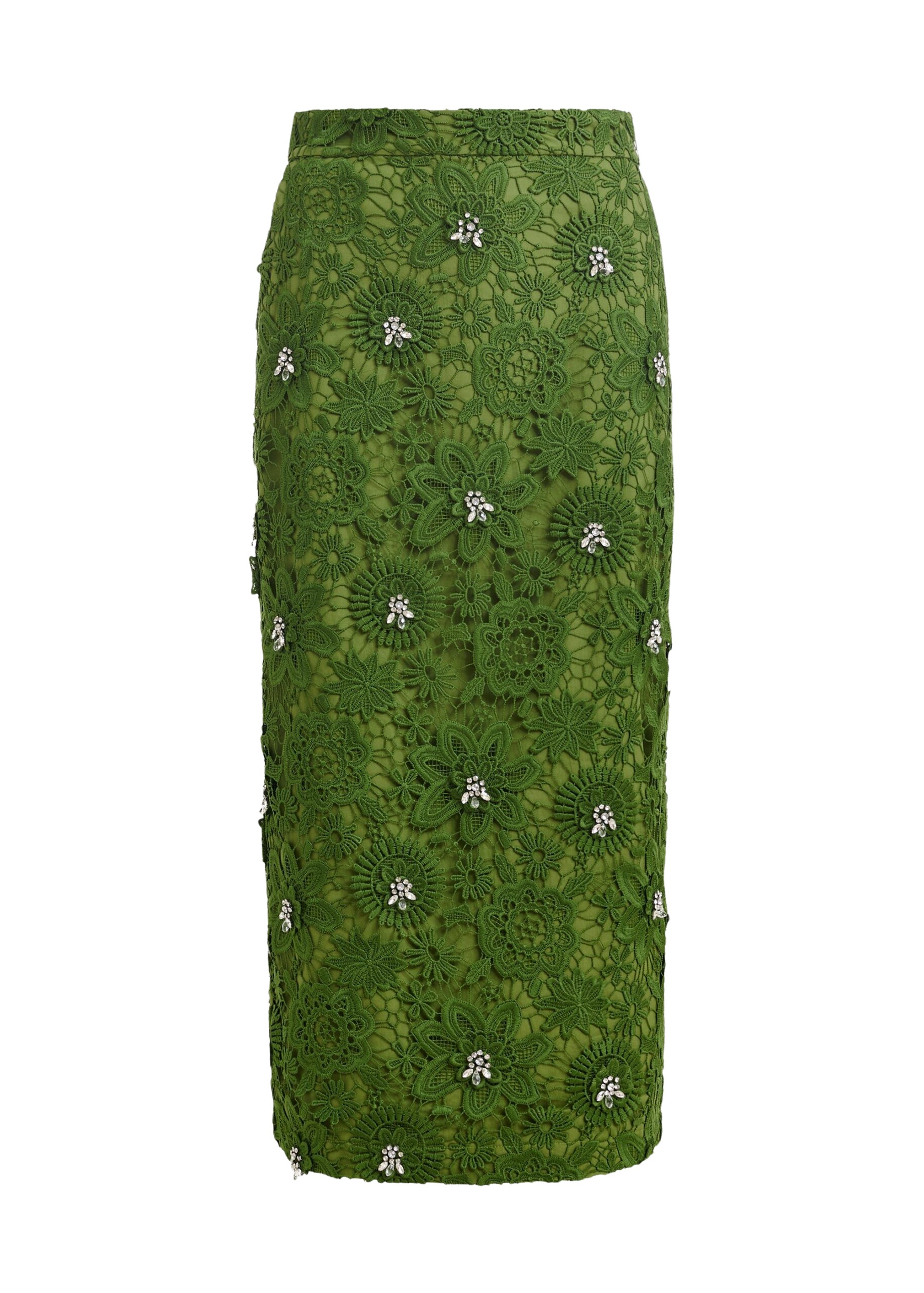 Essentiel Antwerp Green floral lace pencil skirt with rhinestone embellishments - Essentiel Antwerp Skirts - Colorful Belgian Design - Shop at Luxury Shoes 