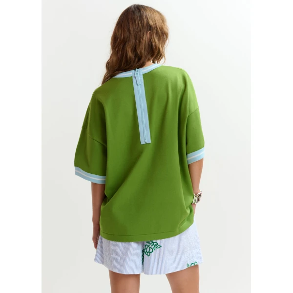 Essentiel Antwerp Green knit T-shirt with light blue contrasting trim - Essentiel Antwerp Shirts - Colorful Belgian Design - Shop at Luxury Shoes 