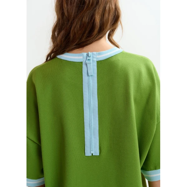 Essentiel Antwerp Green knit T-shirt with light blue contrasting trim - Essentiel Antwerp Shirts - Colorful Belgian Design - Shop at Luxury Shoes 