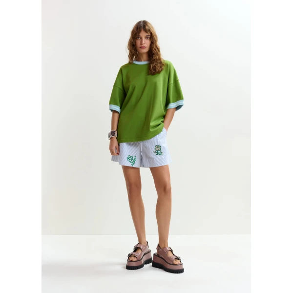Essentiel Antwerp Green knit T-shirt with light blue contrasting trim - Essentiel Antwerp Shirts - Colorful Belgian Design - Shop at Luxury Shoes 
