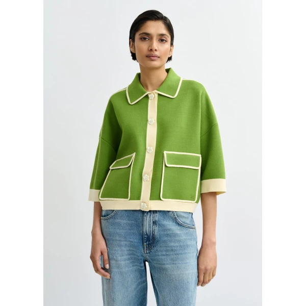Essentiel Antwerp Green knit cardigan with flower buttons and off-white contrasting trims - Essentiel Antwerp Knitwear - Colorful Belgian Design - Shop at Luxury Shoes 