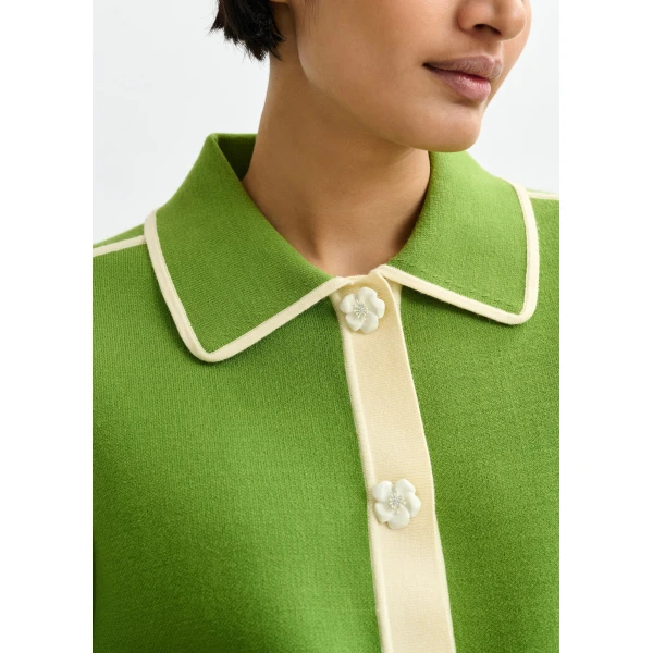 Essentiel Antwerp Green knit cardigan with flower buttons and off-white contrasting trims - Essentiel Antwerp Knitwear - Colorful Belgian Design - Shop at Luxury Shoes 