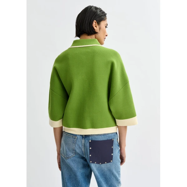 Essentiel Antwerp Green knit cardigan with flower buttons and off-white contrasting trims - Essentiel Antwerp Knitwear - Colorful Belgian Design - Shop at Luxury Shoes 