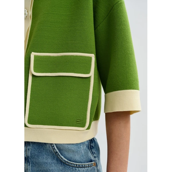 Essentiel Antwerp Green knit cardigan with flower buttons and off-white contrasting trims - Essentiel Antwerp Knitwear - Colorful Belgian Design - Shop at Luxury Shoes 