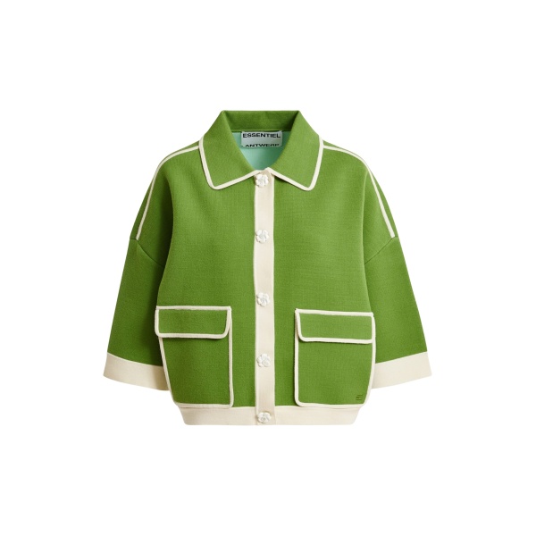 Essentiel Antwerp Green knit cardigan with flower buttons and off-white contrasting trims - Essentiel Antwerp Knitwear - Colorful Belgian Design - Shop at Luxury Shoes 