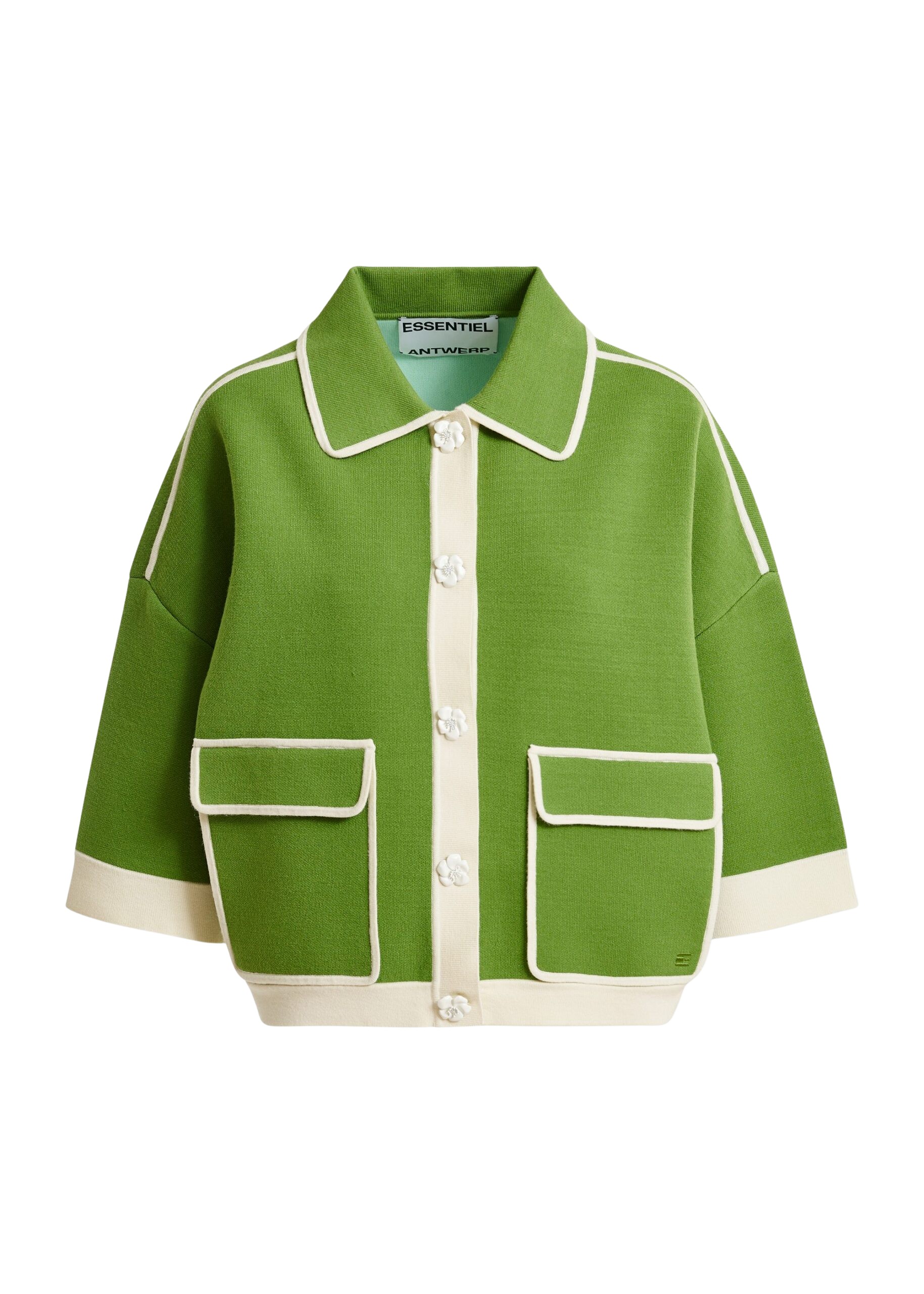 Essentiel Antwerp Green knit cardigan with flower buttons and off-white contrasting trims