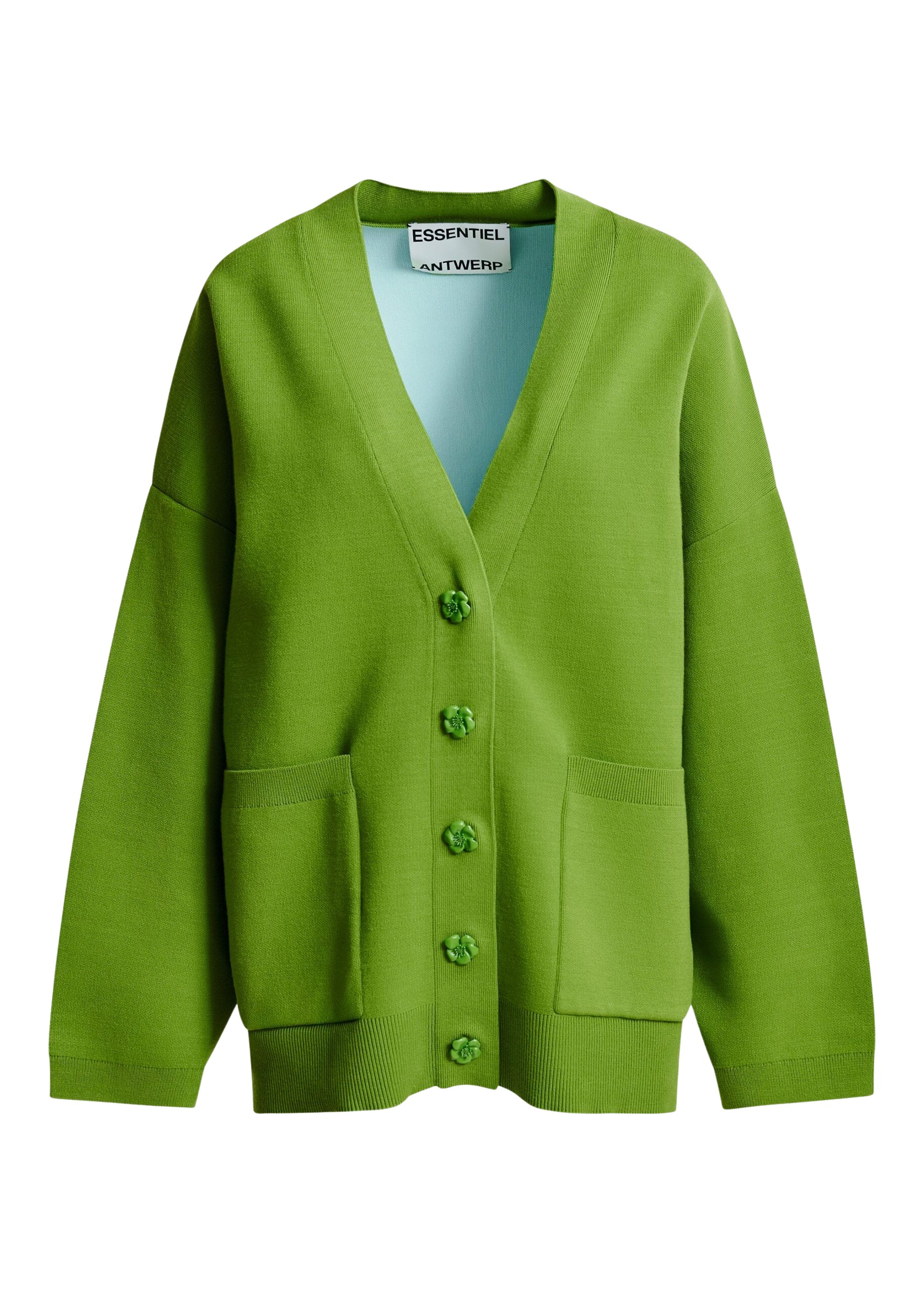 Essentiel Antwerp Green knit cardigan with tonal flower buttons