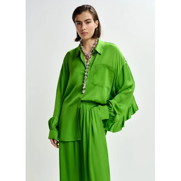 Essentiel Antwerp Green ruffle-trimmed oversized shirt - Essentiel Antwerp Shirts - Colorful Belgian Design - Shop at Luxury Shoes 