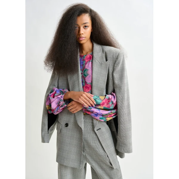 Essentiel Antwerp Grey and black double-breasted blazer with underarm zip detail - Essentiel Antwerp Jackets - Colorful Belgian Design - Shop at Luxury Shoes 