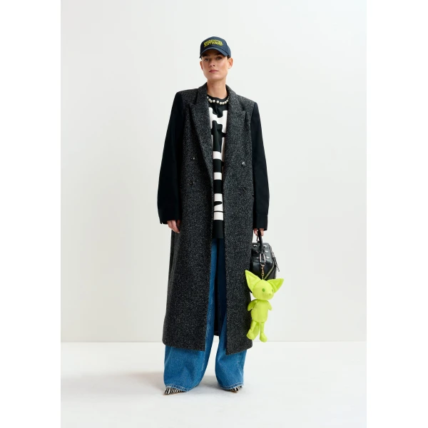 Essentiel Antwerp Grey and black double-breasted coat with constrast sleeves - Essentiel Antwerp Coats - Colorful Belgian Design - Shop at Luxury Shoes 