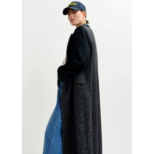 Essentiel Antwerp Grey and black double-breasted coat with constrast sleeves - Essentiel Antwerp Coats - Colorful Belgian Design - Shop at Luxury Shoes 
