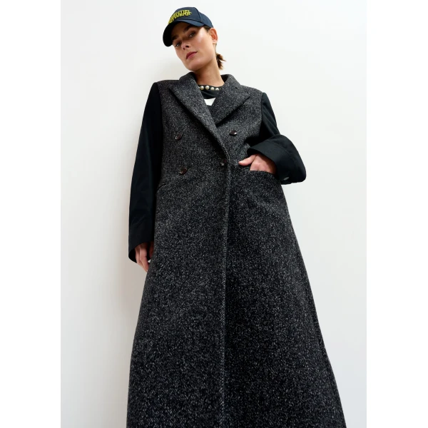 Essentiel Antwerp Grey and black double-breasted coat with constrast sleeves - Essentiel Antwerp Coats - Colorful Belgian Design - Shop at Luxury Shoes 