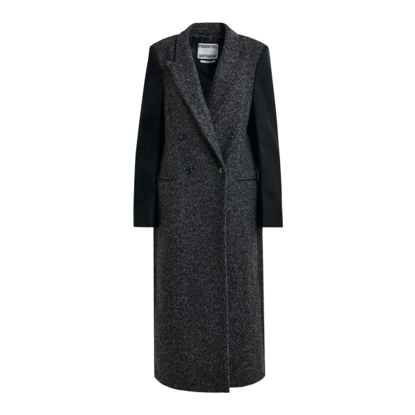 Essentiel Antwerp Grey and black double-breasted coat with constrast sleeves - Essentiel Antwerp Coats - Colorful Belgian Design - Shop at Luxury Shoes 