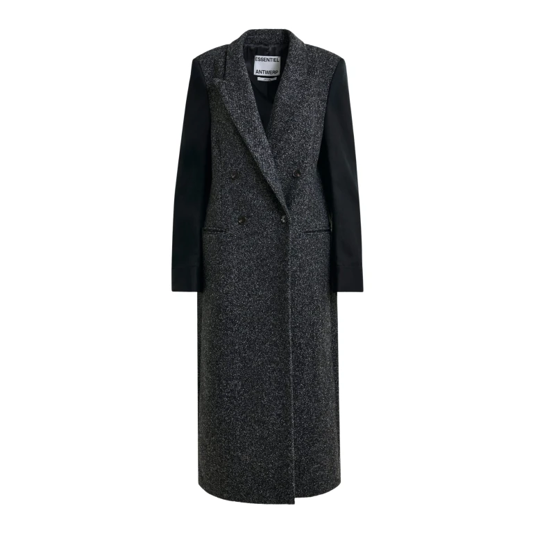 Essentiel Antwerp Grey and black double-breasted coat with constrast sleeves - Essentiel Antwerp Coats - Colorful Belgian Design - Shop at Luxury Shoes 