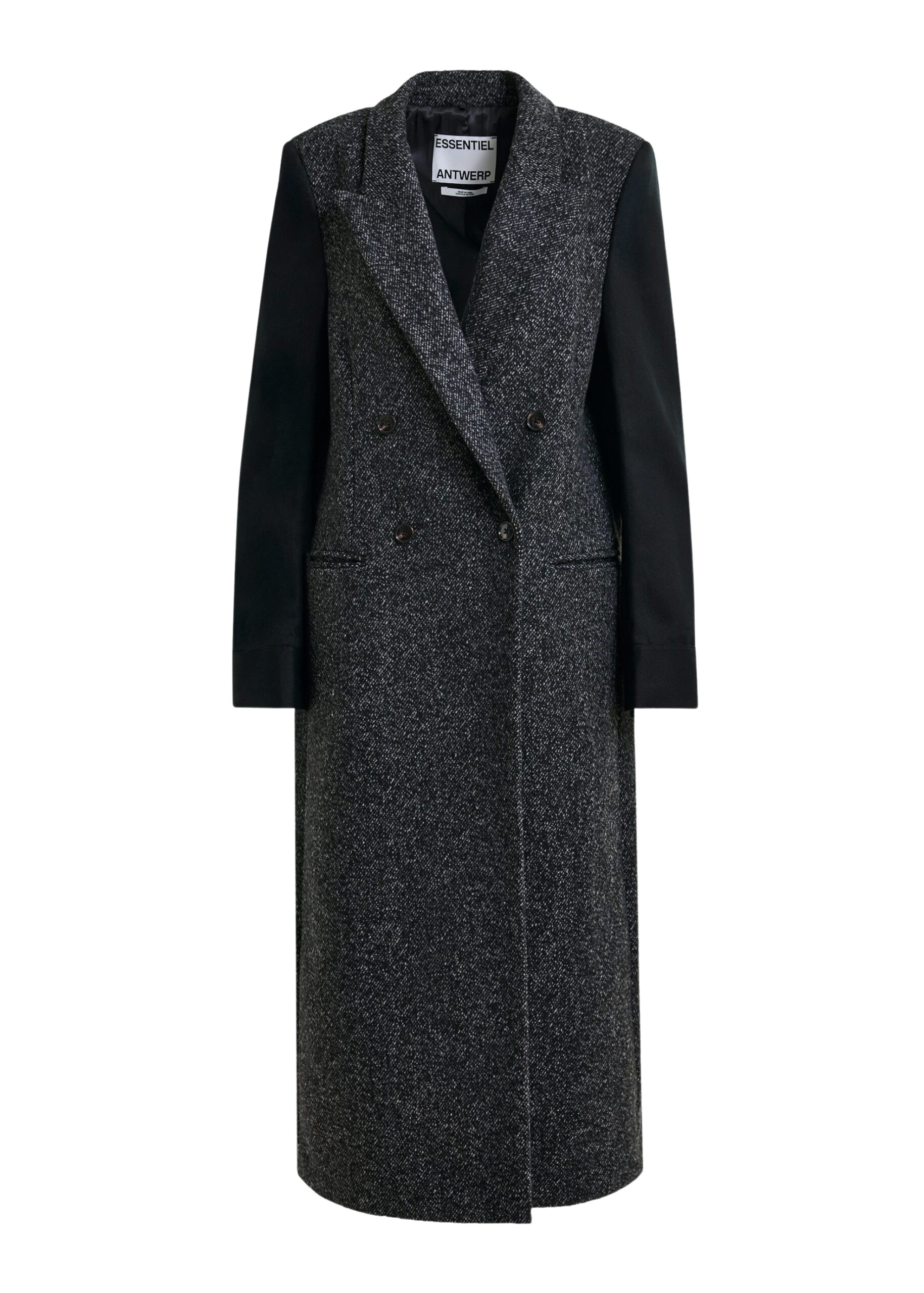 Essentiel Antwerp Grey and black double-breasted coat with constrast sleeves
