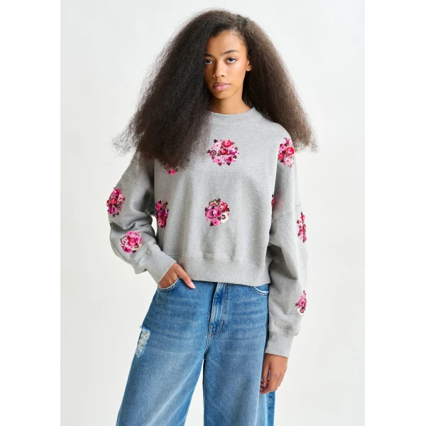 Essentiel Antwerp Grey and multicolor cotton sweatshirt with floral sequin and bead-embellished embroideries - Essentiel Antwerp Shirts - Colorful Belgian Design - Shop at Luxury Shoes 