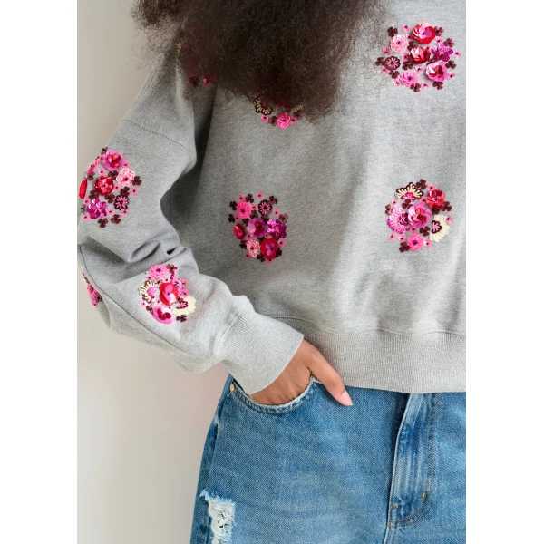 Essentiel Antwerp Grey and multicolor cotton sweatshirt with floral sequin and bead-embellished embroideries - Essentiel Antwerp Shirts - Colorful Belgian Design - Shop at Luxury Shoes 