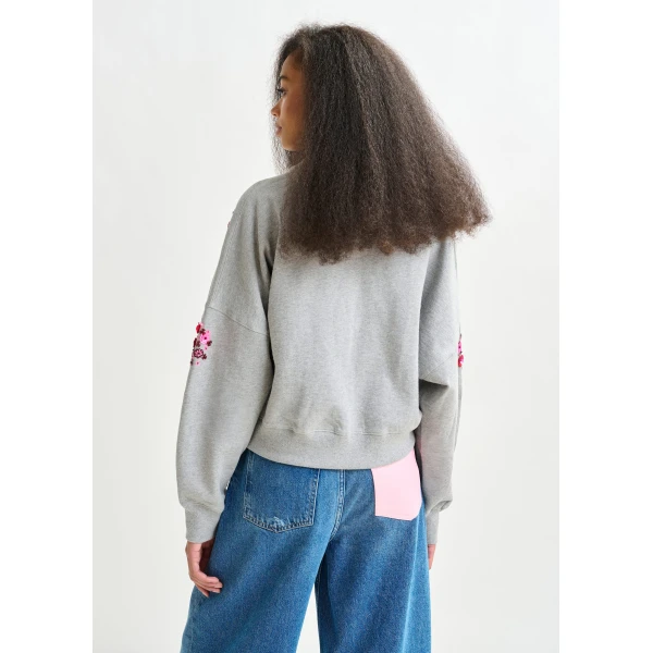 Essentiel Antwerp Grey and multicolor cotton sweatshirt with floral sequin and bead-embellished embroideries - Essentiel Antwerp Shirts - Colorful Belgian Design - Shop at Luxury Shoes 