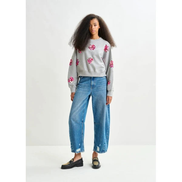 Essentiel Antwerp Grey and multicolor cotton sweatshirt with floral sequin and bead-embellished embroideries - Essentiel Antwerp Shirts - Colorful Belgian Design - Shop at Luxury Shoes 