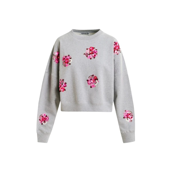 Essentiel Antwerp Grey and multicolor cotton sweatshirt with floral sequin and bead-embellished embroideries - Essentiel Antwerp Shirts - Colorful Belgian Design - Shop at Luxury Shoes 
