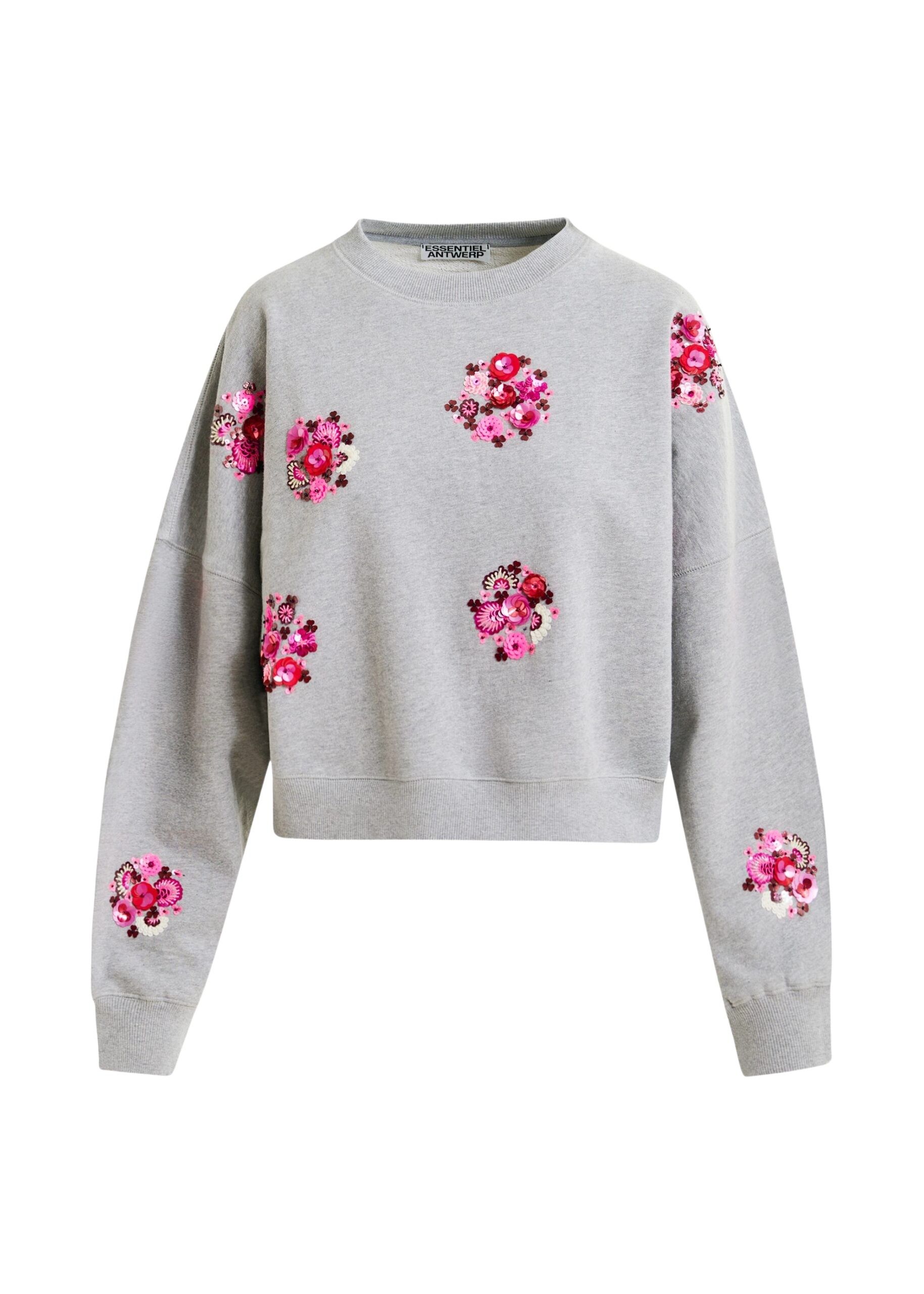 Essentiel Antwerp Grey and multicolor cotton sweatshirt with floral sequin and bead-embellished embroideries Top