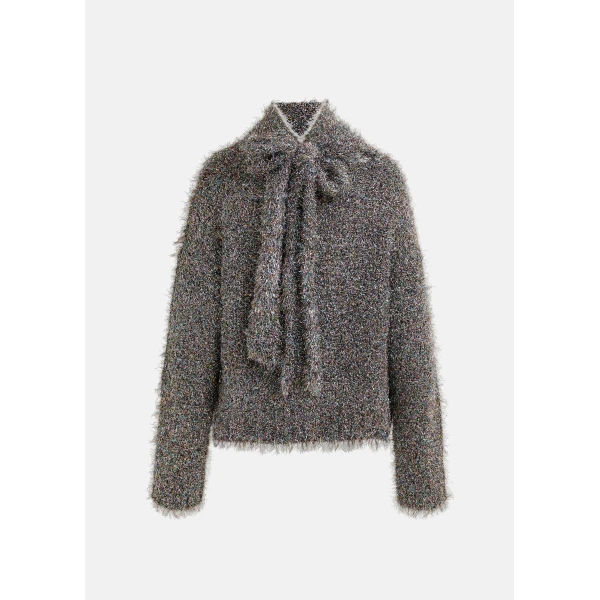 Essentiel Antwerp Grey metallic mock-neck sweater with pussy-bow tie - Essentiel Antwerp Knitwear - Colorful Belgian Design - Shop at Luxury Shoes 