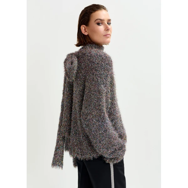 Essentiel Antwerp Grey metallic mock-neck sweater with pussy-bow tie - Essentiel Antwerp Knitwear - Colorful Belgian Design - Shop at Luxury Shoes 