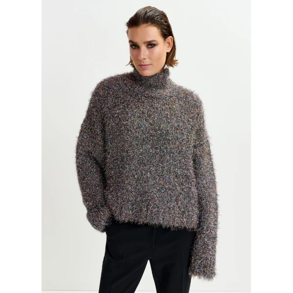 Essentiel Antwerp Grey metallic mock-neck sweater with pussy-bow tie - Essentiel Antwerp Knitwear - Colorful Belgian Design - Shop at Luxury Shoes 