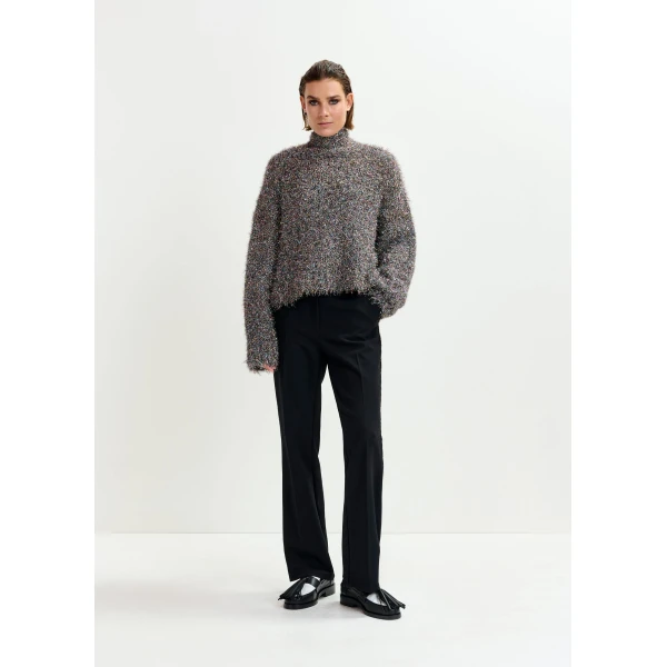 Essentiel Antwerp Grey metallic mock-neck sweater with pussy-bow tie - Essentiel Antwerp Knitwear - Colorful Belgian Design - Shop at Luxury Shoes 