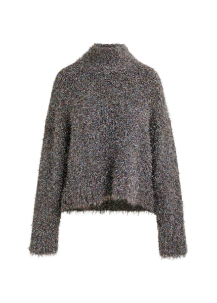 Essentiel Antwerp Grey metallic mock-neck sweater with pussy-bow tie - Essentiel Antwerp Knitwear - Colorful Belgian Design - Shop at Luxury Shoes 