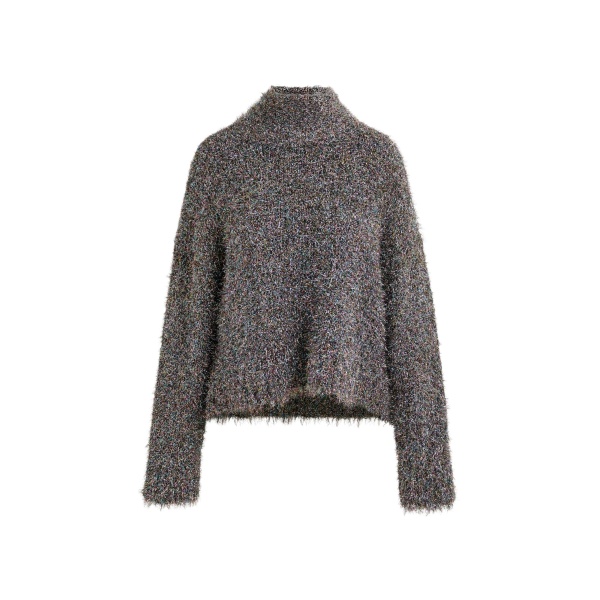 Essentiel Antwerp Grey metallic mock-neck sweater with pussy-bow tie - Essentiel Antwerp Knitwear - Colorful Belgian Design - Shop at Luxury Shoes 