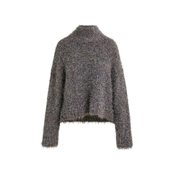 Essentiel Antwerp Grey metallic mock-neck sweater with pussy-bow tie - Essentiel Antwerp Knitwear - Colorful Belgian Design - Shop at Luxury Shoes 