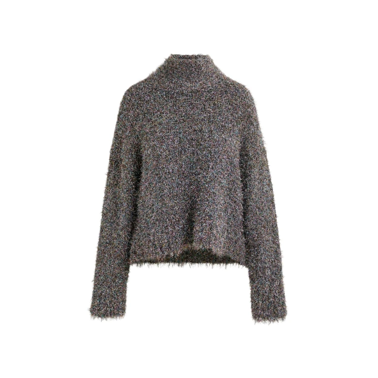 Essentiel Antwerp Grey metallic mock-neck sweater with pussy-bow tie - Essentiel Antwerp Knitwear - Colorful Belgian Design - Shop at Luxury Shoes 