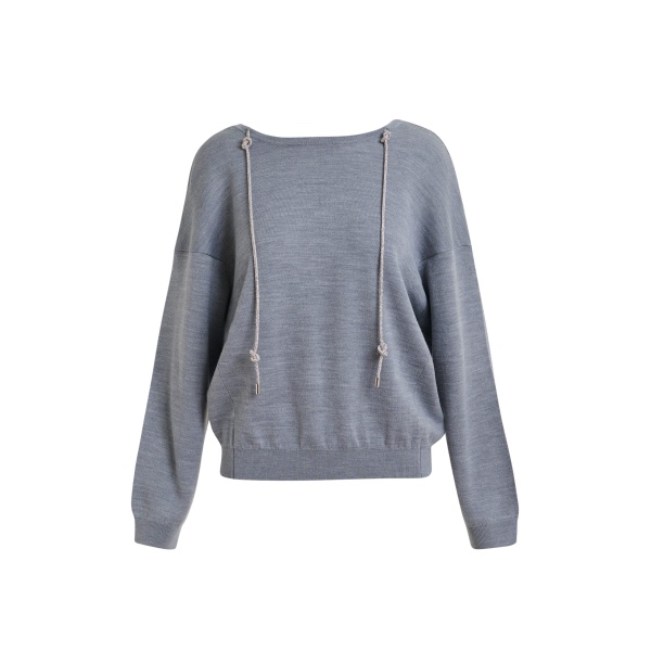 Essentiel Antwerp Grey open-back sweater with rhinestone strings - Essentiel Antwerp Knitwear - Colorful Belgian Design - Shop at Luxury Shoes 