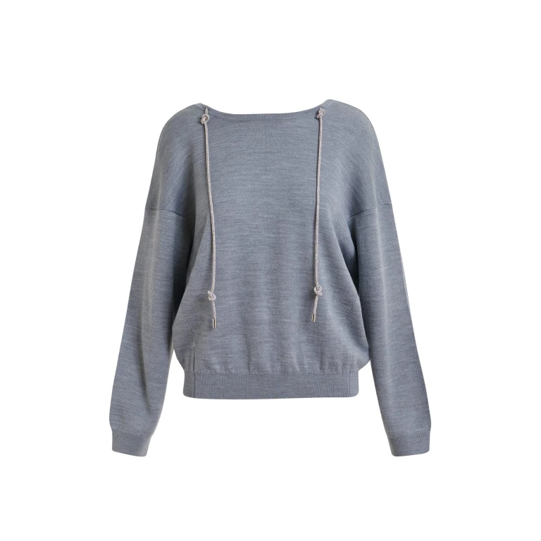 Essentiel Antwerp Grey open-back sweater with rhinestone strings - Essentiel Antwerp Knitwear - Colorful Belgian Design - Shop at Luxury Shoes 