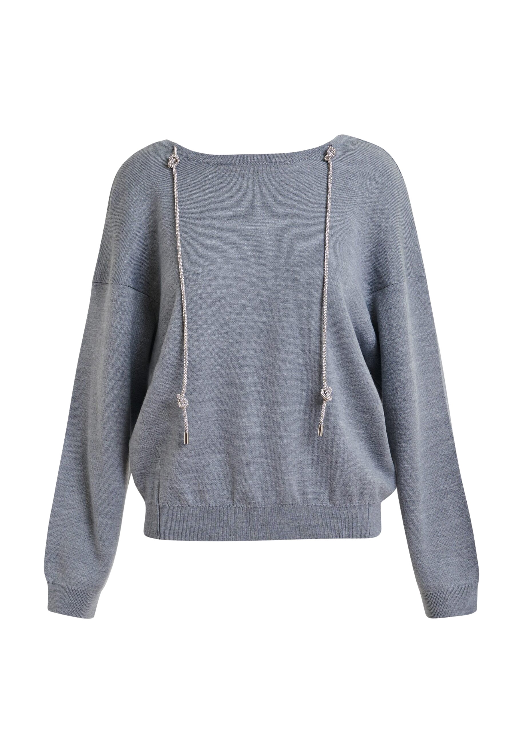 Essentiel Antwerp Grey open-back sweater with rhinestone strings