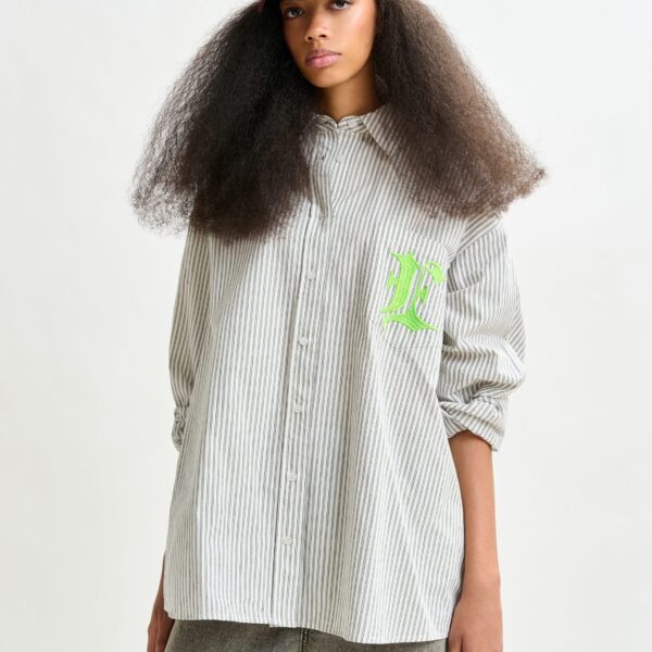 Essentiel Antwerp Grey, white and green striped cotton shirt with ‘e’ embroidery, view 3